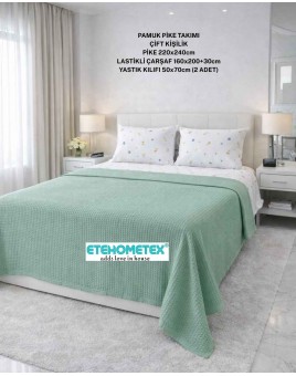 ETEHOMETEX ÇİFT KİŞİLİK %100 PAMUK HAVUZLU PİKE TAKIMI YEŞİL 8696474232073